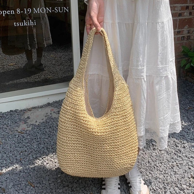 Ielgy Seaside Vacation Straw Bag Beach Bag One Shoulder Mori Style Hand-woven Bag Large Capacity
