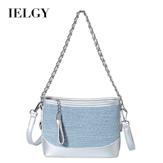 Ielgy Contrast Color Denim Bag All-Match Chain Cross-Body Bucket Bag