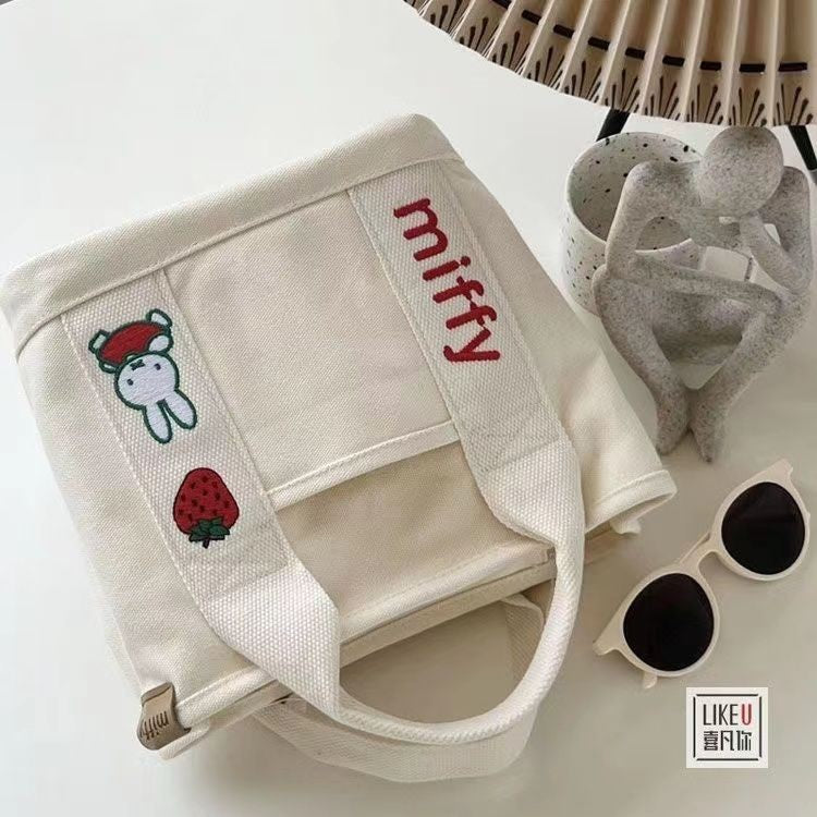 Ielgy Cartoon Strawberry Rabbit Embroidered Canvas Bag Outing Hand Bag Lunch Bag Office Worker Portable Storage Bag