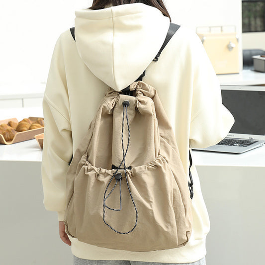 Ielgy Korean Version Casual Literary Canvas Backpack Fashion Nylon Large Capacity School Bag Drawstring Pleated Backpack
