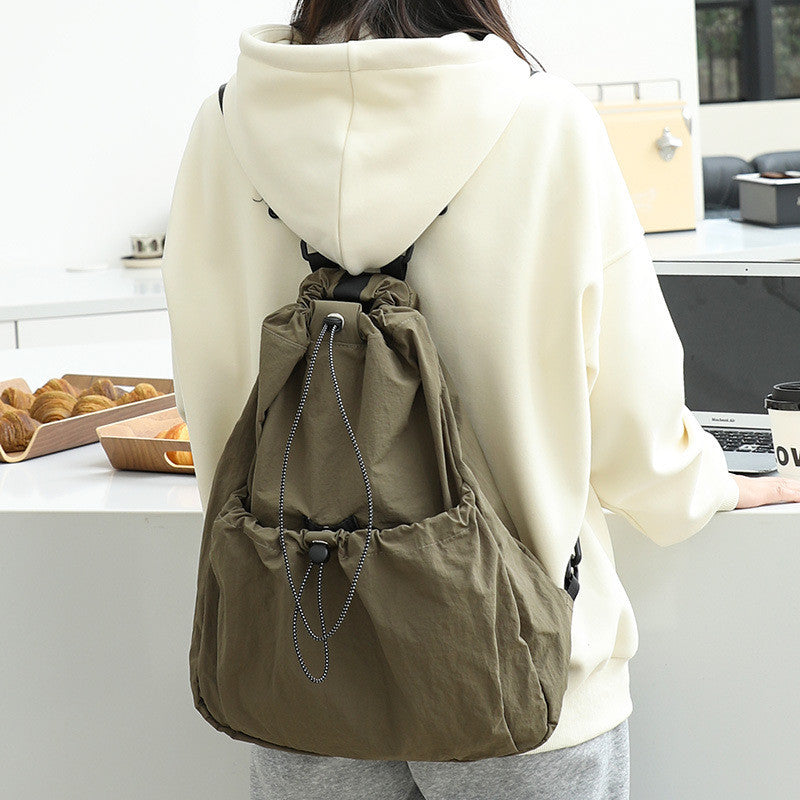 Ielgy Korean Version Casual Literary Canvas Backpack Fashion Nylon Large Capacity School Bag Drawstring Pleated Backpack