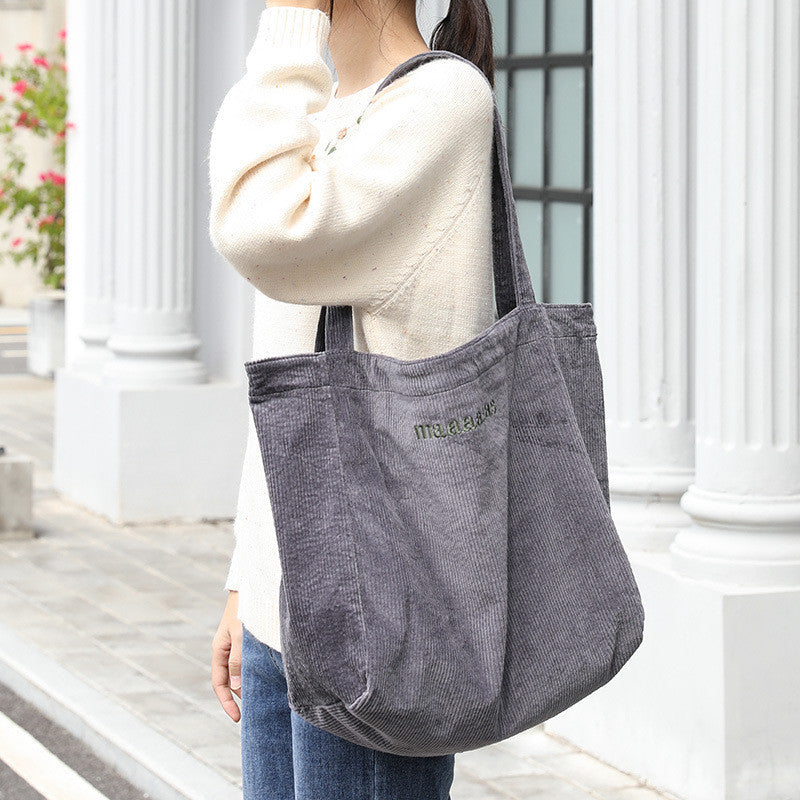 Ielgy Japanese Casual Literary Handbag Letter Embroidery Canvas Shopping Bag Fashion Corduroy Shoulder Bag
