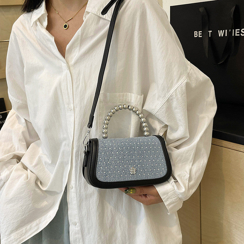 Ielgy Beaded Portable Denim Small Square Bag Summer All-Match Texture Fashion One-Shoulder Messenger Bag