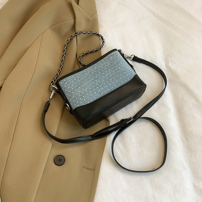 Ielgy Contrast Color Denim Bag All-Match Chain Cross-Body Bucket Bag