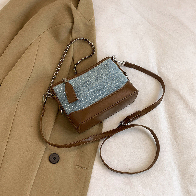 Ielgy Contrast Color Denim Bag All-Match Chain Cross-Body Bucket Bag