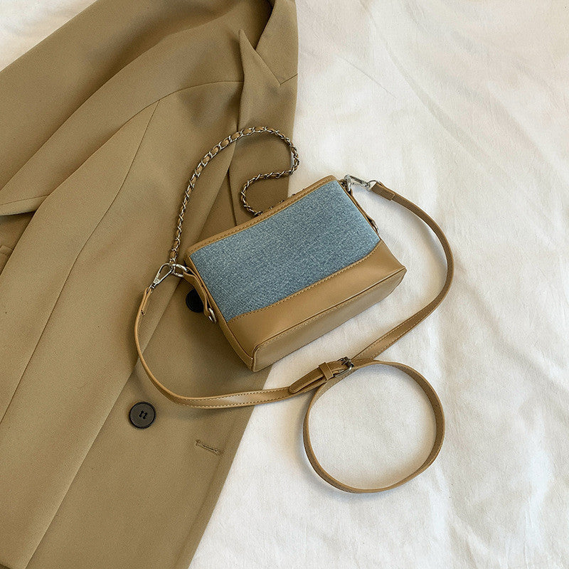 Ielgy Contrast Color Denim Bag All-Match Chain Cross-Body Bucket Bag