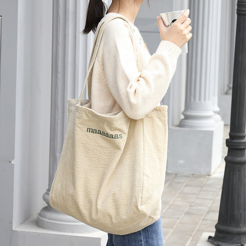 Ielgy Japanese Casual Literary Handbag Letter Embroidery Canvas Shopping Bag Fashion Corduroy Shoulder Bag