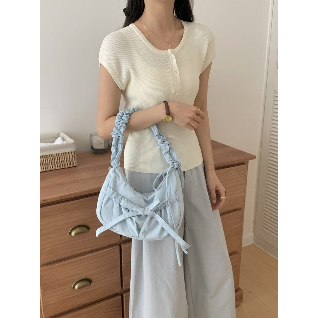 Ielgy Casual Unique Pleated Drawstring Lace-Up Nylon Lazy Style Underarm Messenger Bag ins