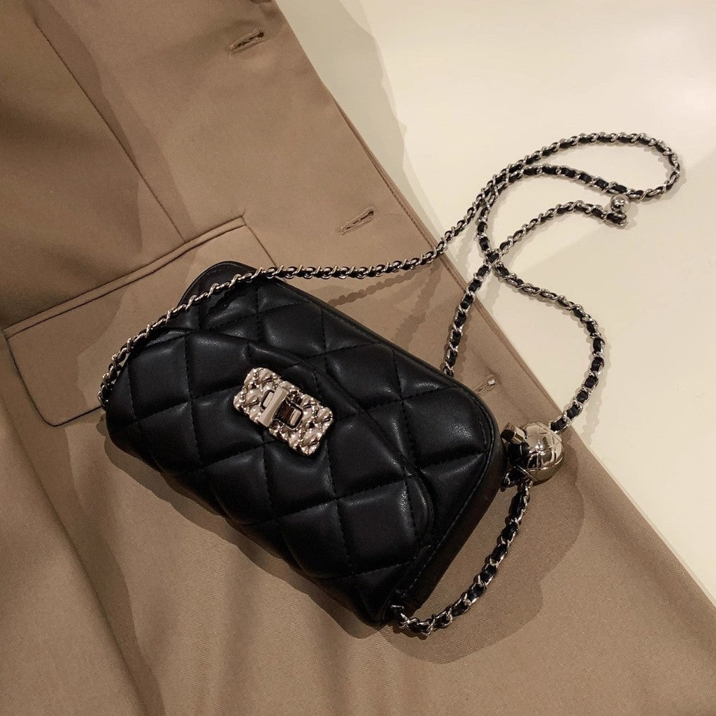 Ielgy Ladies Black Diamond Small Golden Ball Chain Small Square Bag Fashionable All-Match Shoulder Messenger Bag