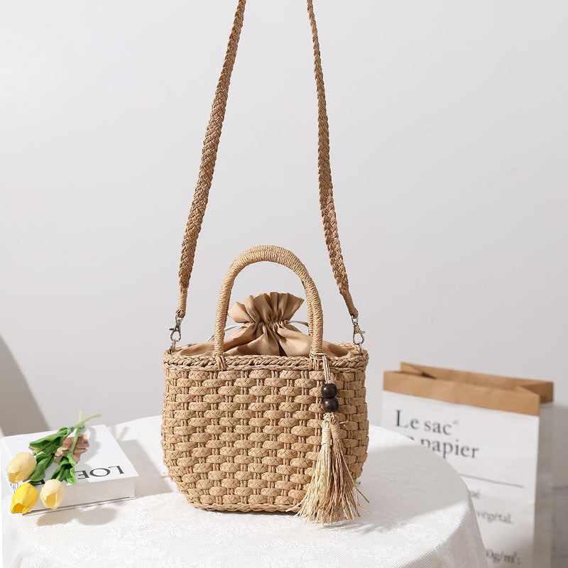 Ielgy Straw Bag Cute Handmade Bucket Rattan Bag One Shoulder Messenger Woven Bag