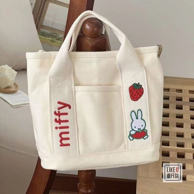 Ielgy Cartoon Strawberry Rabbit Embroidered Canvas Bag Outing Hand Bag Lunch Bag Office Worker Portable Storage Bag