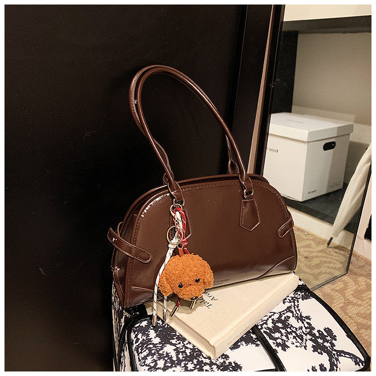 Ielgy Retro Oil Wax Leather Bowling Bag Large Capacity Underarm Pillow Bag High-End Handbag