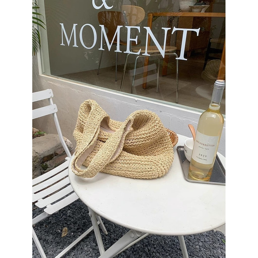 Ielgy Seaside Vacation Straw Bag Beach Bag One Shoulder Mori Style Hand-woven Bag Large Capacity