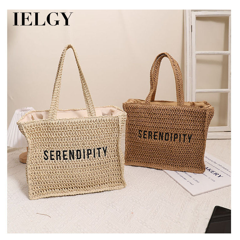 Ielgy Ladies Square Straw Bag Letter Embroidery One-Shoulder Portable Large-Capacity Woven Bag Vacation Be