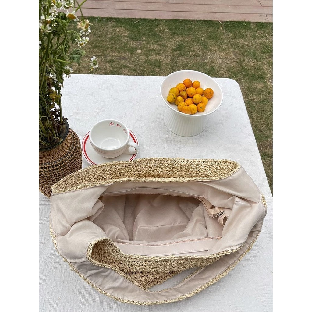 Ielgy Seaside Vacation Straw Bag Beach Bag One Shoulder Mori Style Hand-woven Bag Large Capacity