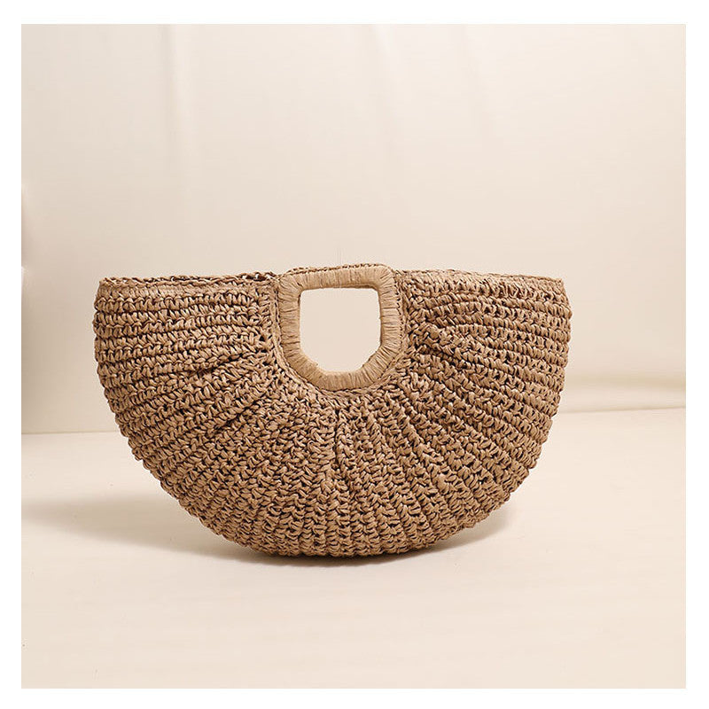 Ielgy All-Match Simple Solid Color Portable Straw Bag Moon Clutch Straw Bag Woven Holiday Style Beach Female Bag