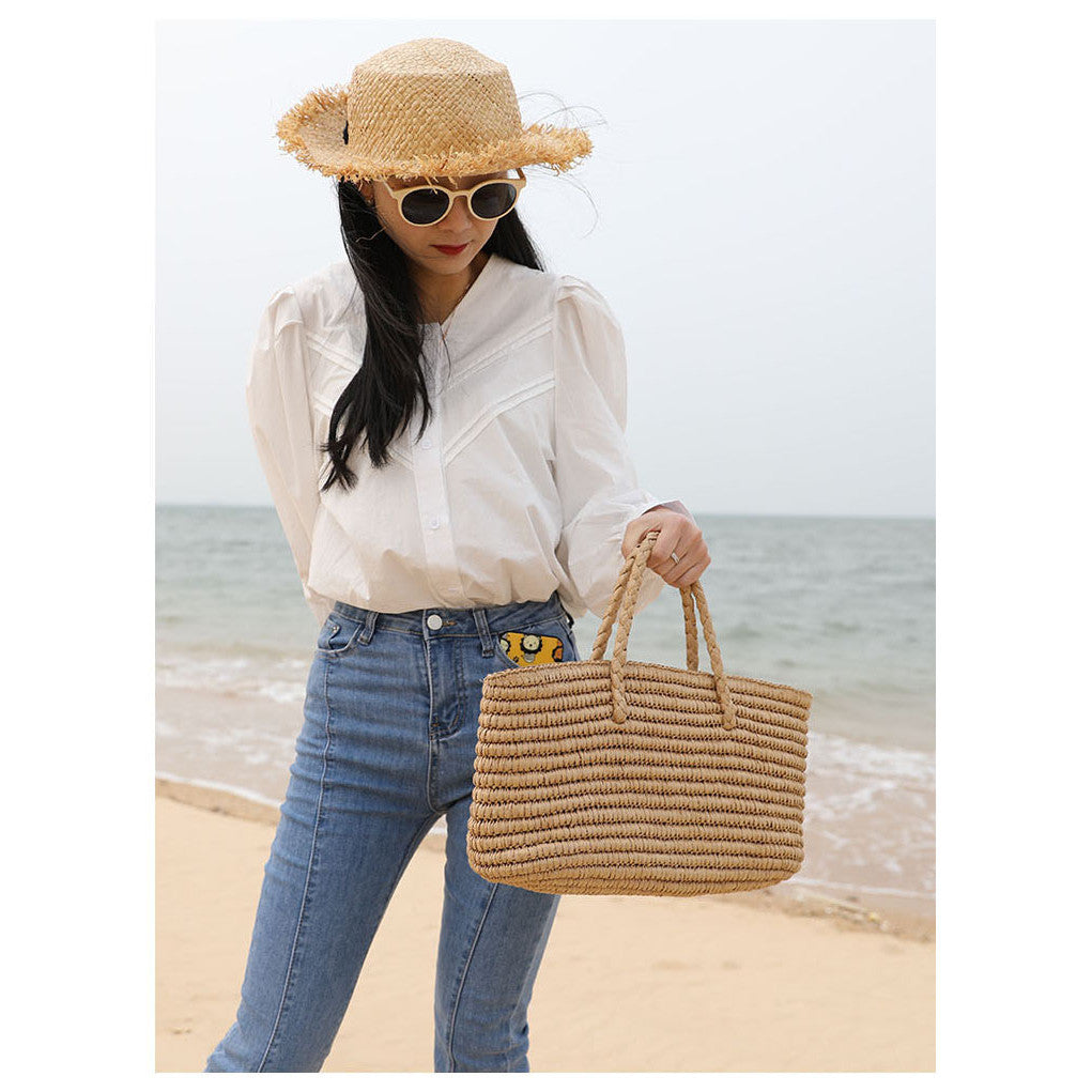 Ielgy Ladies Portable Vegetable Basket Woven Bag Large Capacity Seaside Beach Bag