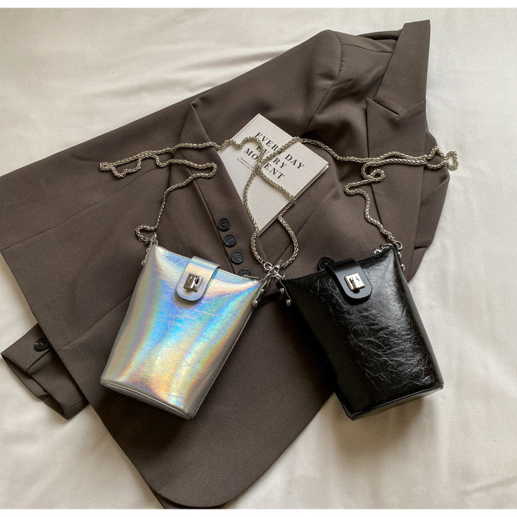 Ielgy Korean Version Casual Silver Bucket Bag Fashion Simple Shoulder Ladies Cross-body Mobile Phone Bag