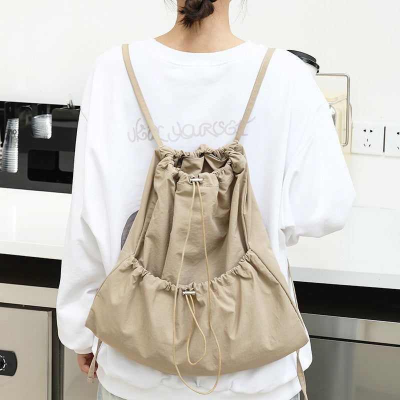 Ielgy Japanese Casual Art Canvas Backpack Fashion Drawstring Pleated School Bag Nylon Large-Capacity Backpack Khaki