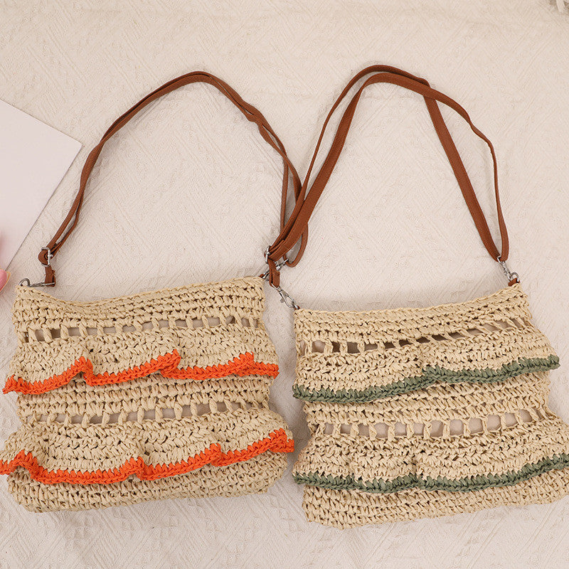 Ielgy Cross-Body Lace Straw Bag Ruffled Colorful Woven Bag Seaside Beach Vacation Bag
