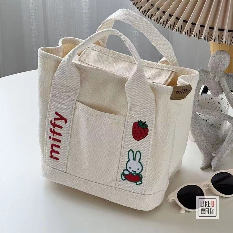 Ielgy Cartoon Strawberry Rabbit Embroidered Canvas Bag Outing Hand Bag Lunch Bag Office Worker Portable Storage Bag