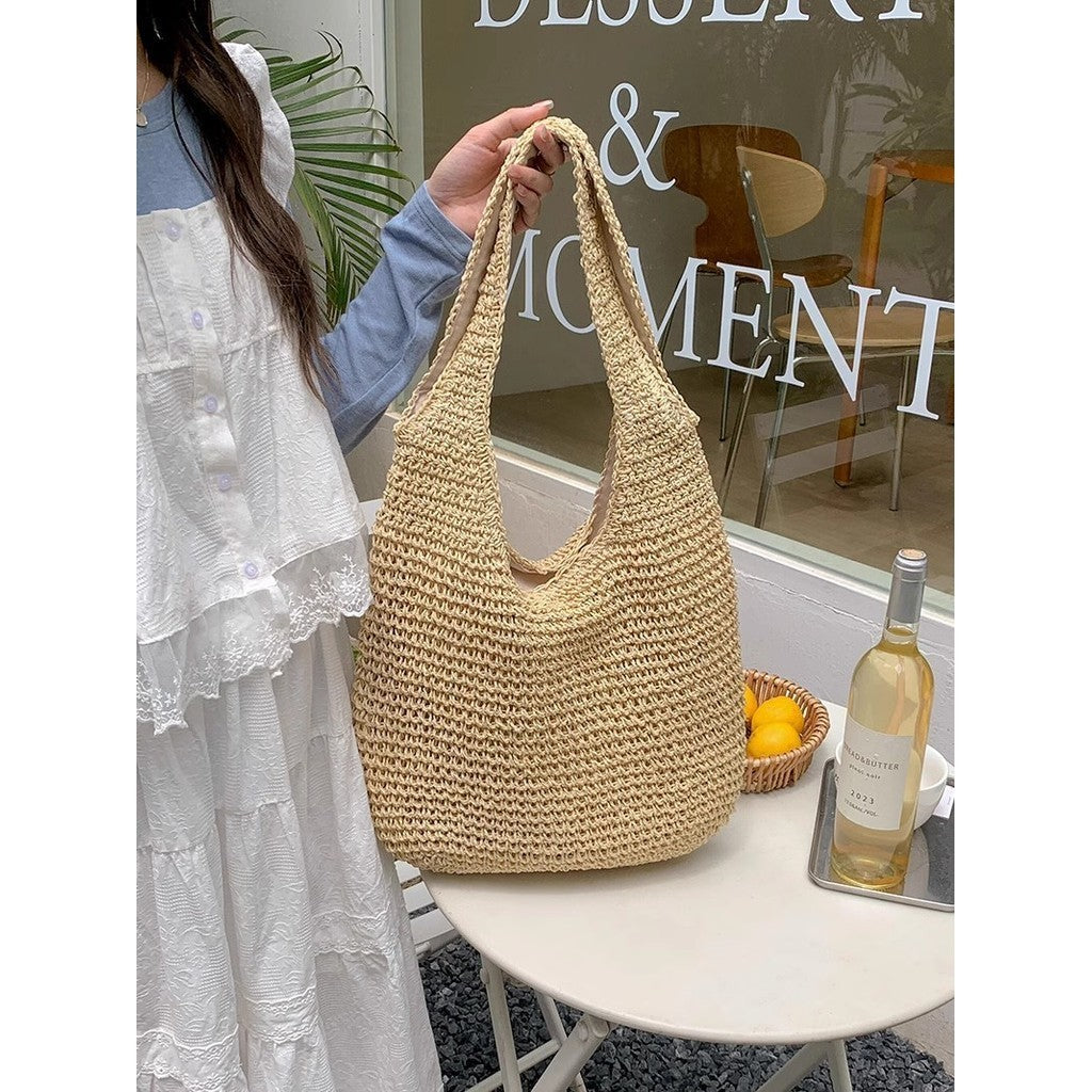 Ielgy Seaside Vacation Straw Bag Beach Bag One Shoulder Mori Style Hand-woven Bag Large Capacity