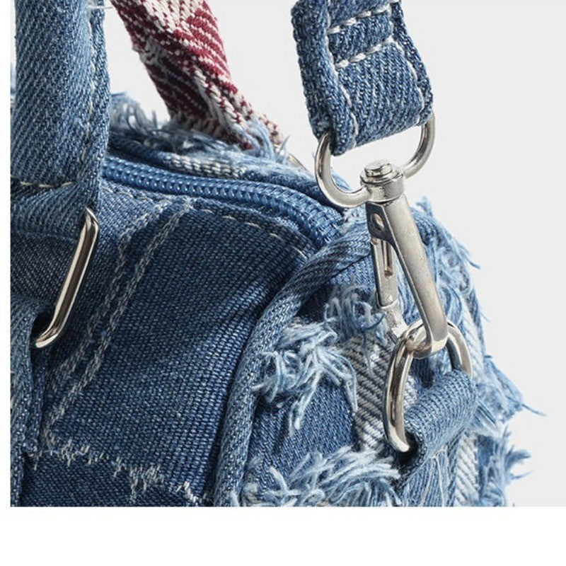 Ielgy Contrast Color Niche Cartoon Stitch Denim Bag Hole Stitching Cross-body Portable Pillow Bag