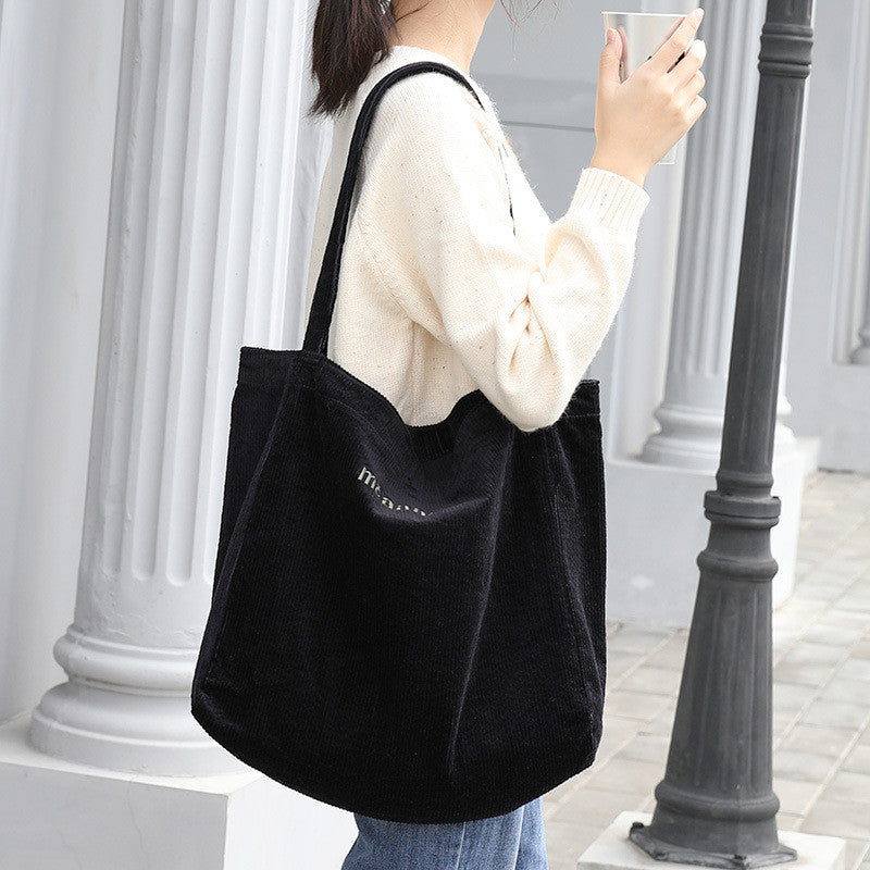 Ielgy Japanese Casual Literary Handbag Letter Embroidery Canvas Shopping Bag Fashion Corduroy Shoulder Bag