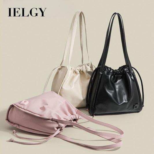 Ielgy Black Large Capacity Drawstring Tote Bag High-End Texture Niche Commuter Soft Leather Shoulder Bag