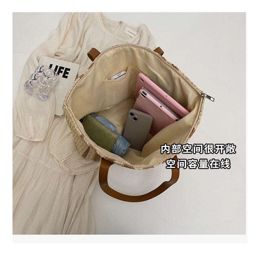 Ielgy Retro Large-Capacity Straw Woven One-Shoulder Texture Woven Beach Vacation Tote Bag