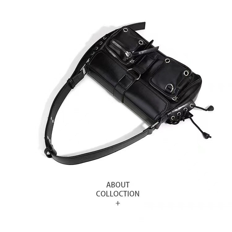 Ielgy High-End Feeling Black Motorcycle Bag Sweet Cool Hot Girl Baguette Bag Niche One-Shoulder Messenger Underarm Bag