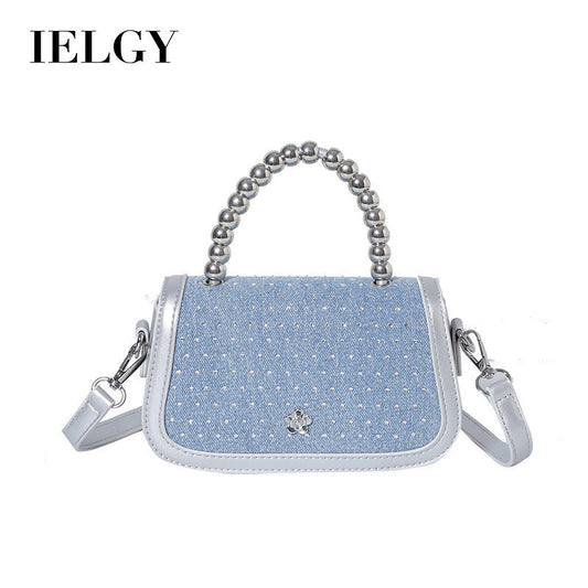 Ielgy Beaded Portable Denim Small Square Bag Summer All-Match Texture Fashion One-Shoulder Messenger Bag