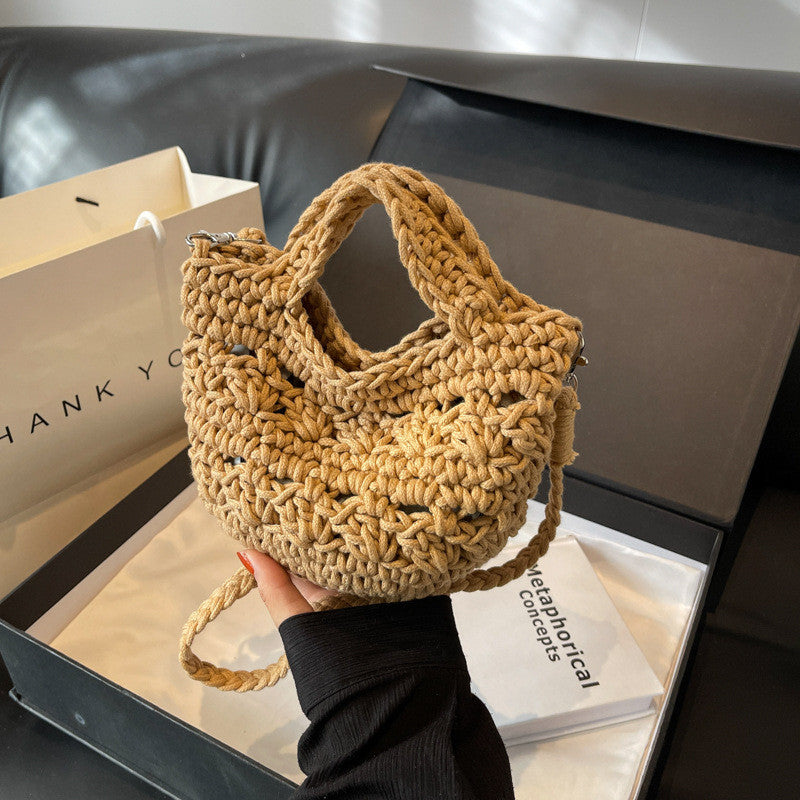 Ielgy Ladies Messenger Cotton Thread Woven Bag All-Match Hollow Straw Vacation Beach Bag Fresh