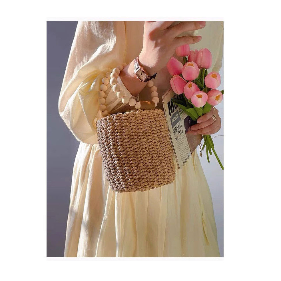 Ielgy Cute Beaded Portable Straw Bucket Bag Hand-Carrying Straw Bag Vacation Style Beach Woven Bag All-Match