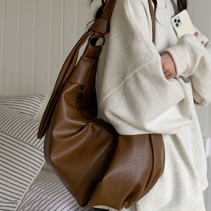 Ielgy Ladies Large-Capacity Retro Soft Leather Pleated Dumpling Bag Lazy Style Casual All-Match Croissant Shoulder Mess