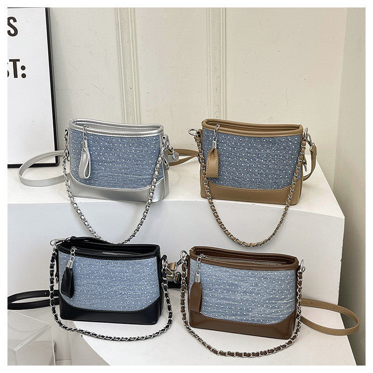 Ielgy Contrast Color Denim Bag All-Match Chain Cross-Body Bucket Bag