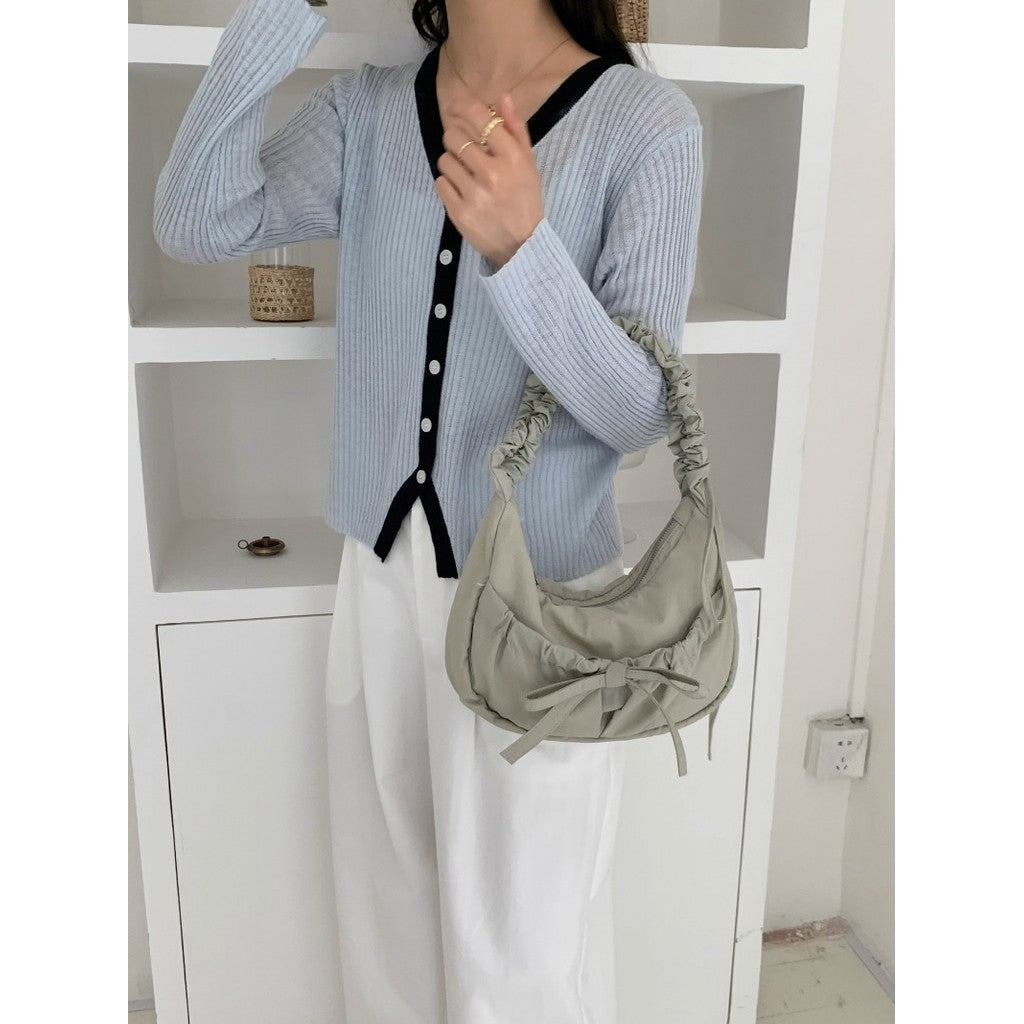 Ielgy Casual Unique Pleated Drawstring Lace-Up Nylon Lazy Style Underarm Messenger Bag ins
