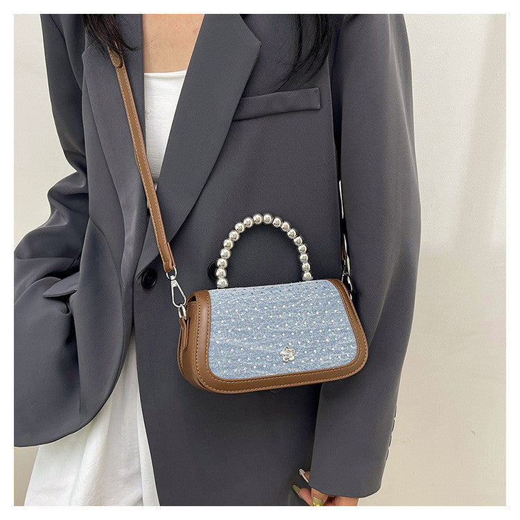 Ielgy Beaded Portable Denim Small Square Bag Summer All-Match Texture Fashion One-Shoulder Messenger Bag