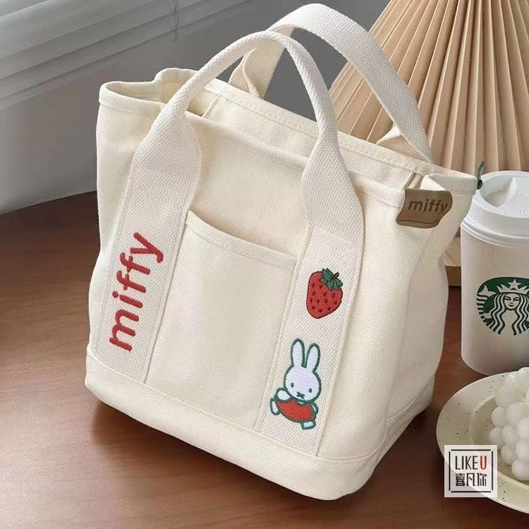 Ielgy Cartoon Strawberry Rabbit Embroidered Canvas Bag Outing Hand Bag Lunch Bag Office Worker Portable Storage Bag