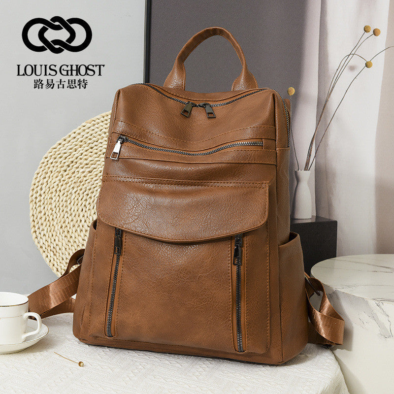 Ielgy Ladies Backpack Simple Fashion Retro Large Capacity PU Travel Backpack