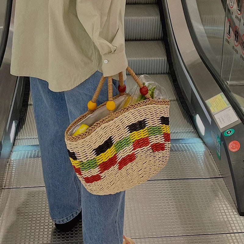 Ielgy Cute Wooden Bead Portable Straw Bag Small Fresh Colorful Lattice Hand-Carrying Woven Bag Fruit Picnic Basket Beach Bag