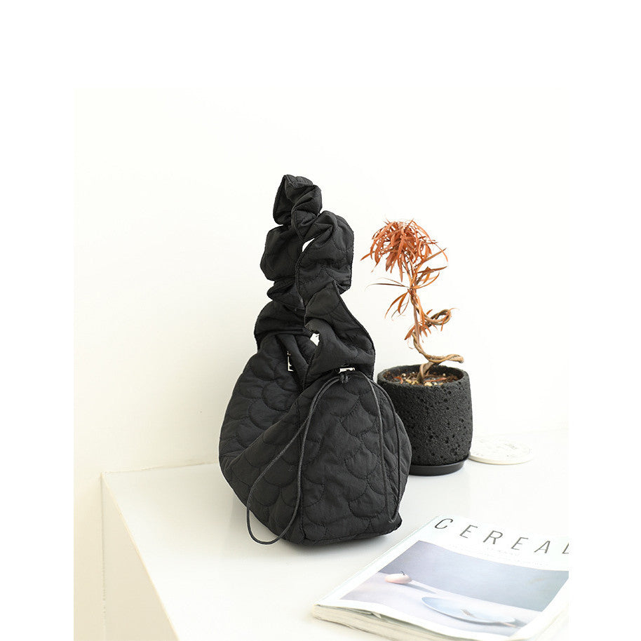 Ielgy Japanese Casual Drawstring Canvas Underarm Bag Fashion Embroidery Thread One Shoulder Pleated Quilted Messenger