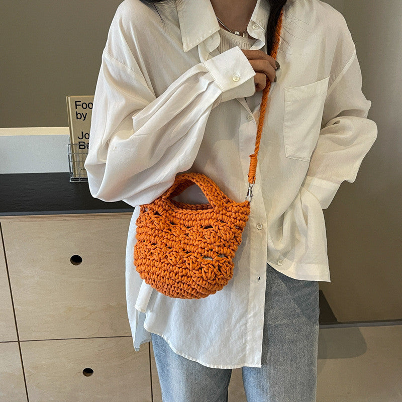 Ielgy Ladies Messenger Cotton Thread Woven Bag All-Match Hollow Straw Vacation Beach Bag Fresh