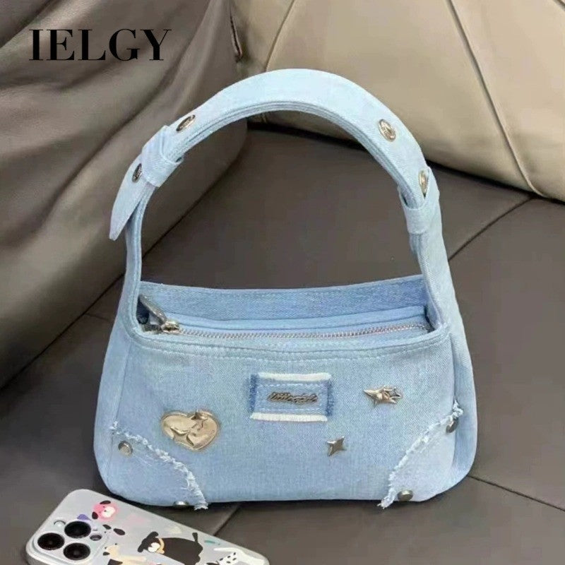 Ielgy Niche Design Metal Star Denim Underarm Small Square Bag Retro Commuter Portable Shoulder Bag