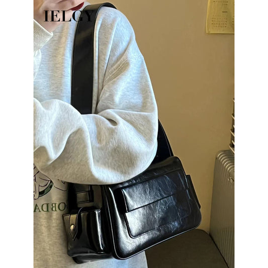 Ielgy Ladies Black Niche Design Commuter All-Match One-Shoulder Messenger Small Square Bag