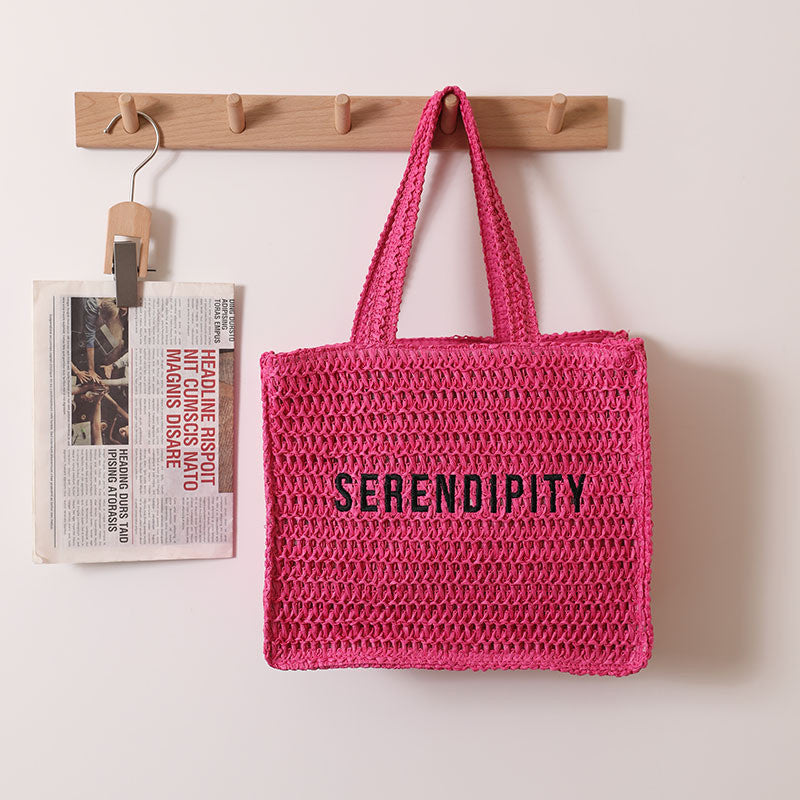 Ielgy Ladies Square Straw Bag Letter Embroidery One-Shoulder Portable Large-Capacity Woven Bag Vacation Be