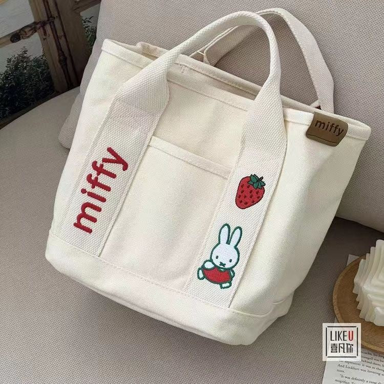 Ielgy Cartoon Strawberry Rabbit Embroidered Canvas Bag Outing Hand Bag Lunch Bag Office Worker Portable Storage Bag