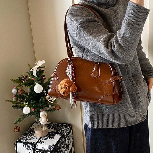 Ielgy Retro Oil Wax Leather Bowling Bag Large Capacity Underarm Pillow Bag High-End Handbag
