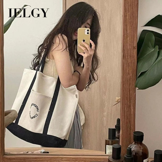 Ielgy Canvas Large Bag Shoulder Large Capacity All-Match Commuter Tote Bag