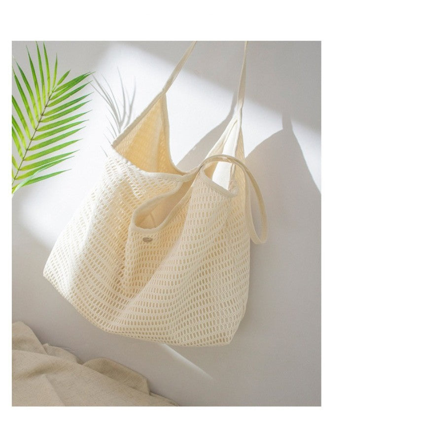 Ielgy Ladies Korean Version Canvas Beach Bag Small Fresh Large Capacity Fishnet Tote Bag
